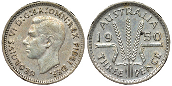 Австралия 3 пенса 1950 m, Георг VI (1937-1952), без букв KM 44 серебро 71-148