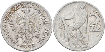 ПОЛЬША 5 ЗЛОТЫХ 1958 MW, РЫБАК KM 47 алюминий 4111-224