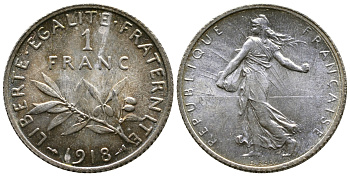 Франция 1 франк 1918 сеятель KM 844.1, Le Franc 217.24 серебро UNC 259-657