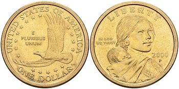 США 1 доллар 2000 Р, индианка Сакагавея KM 310 медь с марганцево-латунным покрытием 63-1135