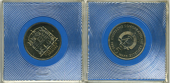 ГДР 5 марок 1985 А, Дрезден, французский павильон, в оригинальной упаковке KM 103 медно-никель UNC 3-4-9-19