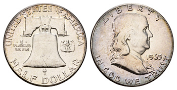 США 1/2 доллара (50 центов) 1963 Бенджамин Франклин, колокол KM 199 серебро aUNC 1527-425
