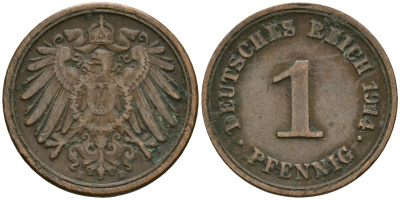 Германия 1 пфенниг 1914 E, Вильгельм II (1888-1918) KM 10, J. 10 медь 4608-166