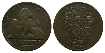 БЕЛЬГИЯ 2 САНТИМА 1864 BELGES KM 4.2 медь 261-1045