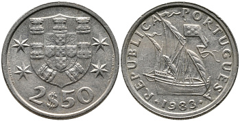 Португалия 2,5 эскудо 1983 парусник KM 590 медно-никель 99-1162