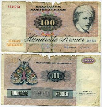 Дания 100 крон 1986 Йенс Юль, бабочка, Prefix D0 Pick 51 o бумага 7219-34-2-1