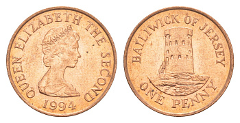 Джерси 1 пенни 1994 Елизавета II (1952-2022), башня Святого Клемента KM 54b сталь плакированная медью UNC 4651-959