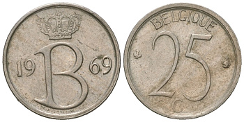 Бельгия 25 сантимов 1969 Belgique, Бодуэн I (1951-1993) KM 153 медно-никель aUNC 4618-412
