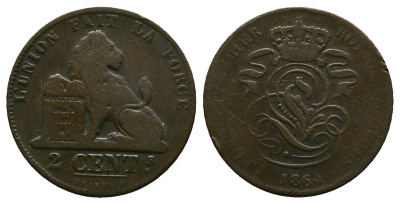 БЕЛЬГИЯ 2 САНТИМА 1864 BELGES KM 4.2 медь 261-1045