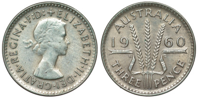 Австралия 3 пенса 1960 m, Елизавета II (1952-2022) KM 57 серебро 71-628