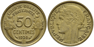 ФРАНЦИЯ 50 САНТИМОВ 1938 KM 894.1 алюминиевая бронза 26-528