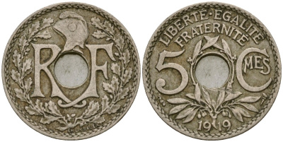 Франция 5 сантимов 1919 тип Линдайё KM 865, Le Franc 121.3 медно-никель 4164-239