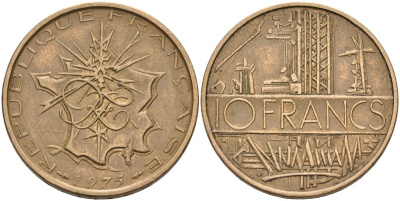 Франция 10 франков 1975 тип Матье KM 940, Le Franc 365.5-6 никель латунь 4593-543