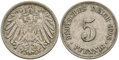 Германия 5 пфеннигов 1908 A KM 11, Jager 12, Weege 6 медно-никель 4364-4531