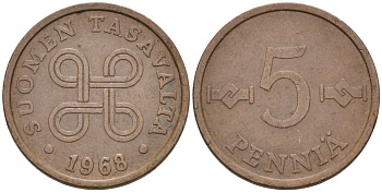 ФИНЛЯНДИЯ 5 ПЕННИ 1968 KM 45 медь 4549-427