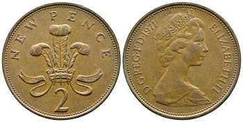 Великобритания 2 пенса 1971 Елизавета II (1952-2022) KM 916, Spink 4235 (C1) бронза 89-1535