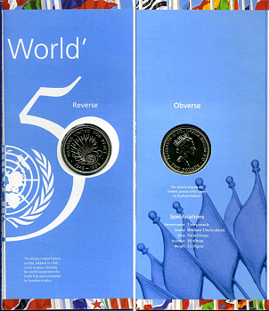 Великобритания 2 фунта 1995 Елизавета II (1952-2022), 50 лет ООН, в оригинальном картонном буклете KM 971, Spink 4316 (K6) никель латунь BUNC 00-00
