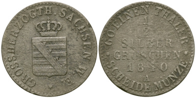 Саксен-Веймар-Эйзенах 1/2 гроша 1840 А, Карл Фридрих Саксен-Веймар-Эйзенахский (1828-1853) KM 85, AKS 25, Jaeger 529 серебро    99-569