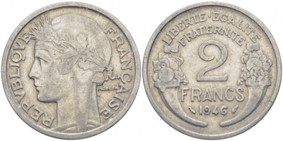 ФРАНЦИЯ 2 ФРАНКА 1946 KM 886a 1 алюминий 4402-1132