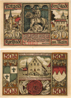 КАРЛШТАДТ 50 ПФЕННИГОВ 1920 НОТГЕЛЬД, ЗЕМЛЯ БАВАРИЯ, СЕРИЯ КРАСНАЯ Grabowski K11.1b бумага 8592-50-3-2