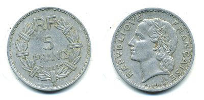 Франция 5 франков 1949 В, тип Лаврийе KM 888b.2, LE FRANC 339.19 алюминий 47-723