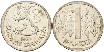 ФИНЛЯНДИЯ 1 МАРКА 1968 S KM 49 серебро 4563-511