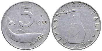 ИТАЛИЯ 5 ЛИР 1955 R, РУЛЬ, ДЕЛЬФИН KM 92 алюминий 93-426