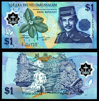 Бруней 1 малайзийский ринггит 1996 Хассанал Болкиах, тропический лес и водопад Pick 22 a полимер UNC (пресс) 2197-33-1-1