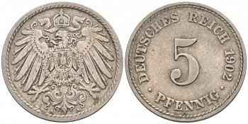ГЕРМАНИЯ 5 ПФЕННИГОВ 1902 A, KM 11, J. 12 медно-никель 73-1711