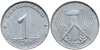 ГДР 1 ПФЕННИГ 1952 A КМ 5 алюминий 261-638