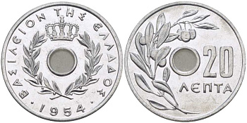 Греция 20 лепта 1954 Павел I (1947-1964), оливковая ветвь KM 79 алюминий UNC 28-425