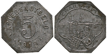 Крайльсхайм (Вюртемберг) 5 пфеннингов 1918 Funck 83.4, Men05 4675.1, Men18 5876.1 железо aUNC 4169-757
