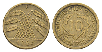 Германия 10 рентенпфеннигов 1924 F KM 33, J. 309 алюминиевая бронза 4644-1225
