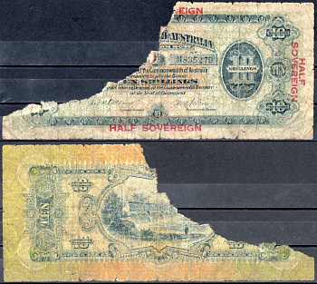 Австралия 10 шиллингов = ? соверена ND (1913-1918) Standard catalog of world paper money - оценивает данную банкноту в состоянии - GOOD в 3000 $, Плотина Гоулберн близ Нагамби, Виктория Pick 3 a бумага 451-389-2