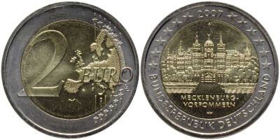 ФРГ 2 евро 2007 А, серия федеральные земли, Мекленбург-Передняя Померания, Шверинский замок KM 260 биметалл UNC 115-1216