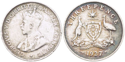 Австралия 3 пенса 1927 m, Георг V (1910-1936), герб Австралии KM 24 серебро 26-928