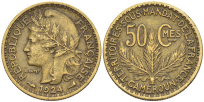 Французский Камерун 50 сантимов 1924 (а), монетный двор Париж KM 1 алюминиевая бронза 73-1743
