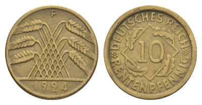 Германия 10 рентенпфеннигов 1924 F KM 33, J. 309 алюминиевая бронза 4644-1225