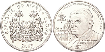 Сьерра-Леоне 1 доллар 2005 Бенедикт XVI KM 323 медно-никель BU 4368-1225