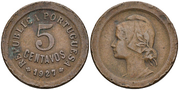 Португалия 5 сентаво 1927 KM 572 бронза 68-313