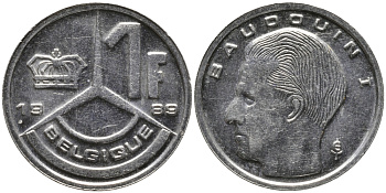 Бельгия 1 франк 1989 Belgique, Бодуэн I (1951-1993) KM 170 железо плакированное никелем 99-1217