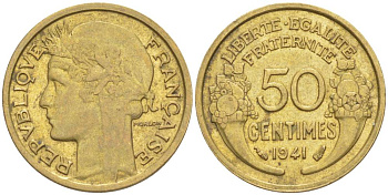 ФРАНЦИЯ 50 САНТИМОВ 1941 ТИП MORLON KM 894.1, LE FRANC 192.18 алюминиевая бронза 44-546