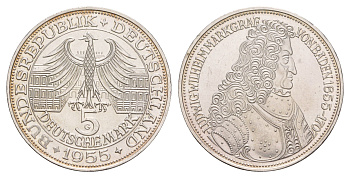 ФРГ 5 марок 1955 300 лет со дня рождения Людвига фон Бадена KM 115, J. 390 серебро aUNC 00-819-12