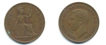 Великобритания 1 пенни 1937 Георг VI (1936-1952) KM 845, Spink 4114 бронза 89-122