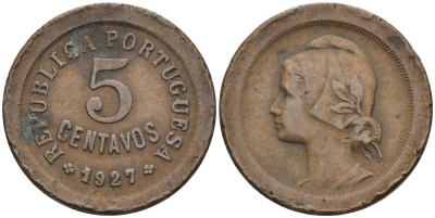 Португалия 5 сентаво 1927 KM 572 бронза 68-313