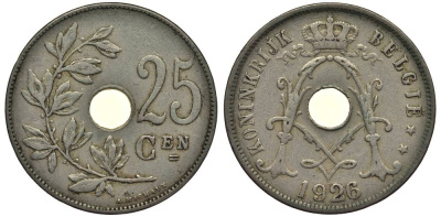 БЕЛЬГИЯ 25 САНТИМОВ 1926 BELGIE, АЛЬБЕРТ I (1909-1934) KM 69 медно-никель 27-932