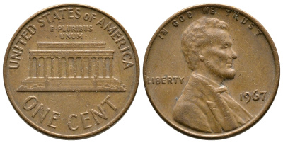 США 1 ЦЕНТ 1967 ЛИНКОЛЬН KM 201 медь цинк 93-1237