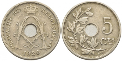 БЕЛЬГИЯ 5 САНТИМОВ 1920 BELGIQUE KM 66 медно-никель 112-232