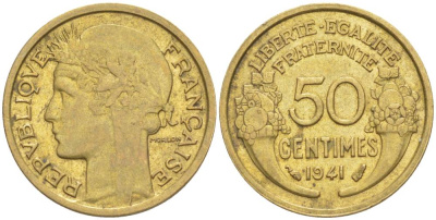 ФРАНЦИЯ 50 САНТИМОВ 1941 ТИП MORLON KM 894.1, LE FRANC 192.18 алюминиевая бронза 44-546
