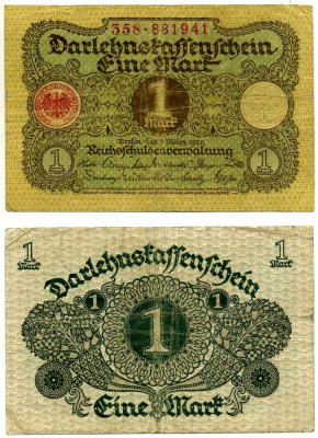 Германия 1 марка 1920 1 марта 1920, Веймарская республика, серия 358 Pick 58, Розенберг 64 бумага 2195-31-3-1